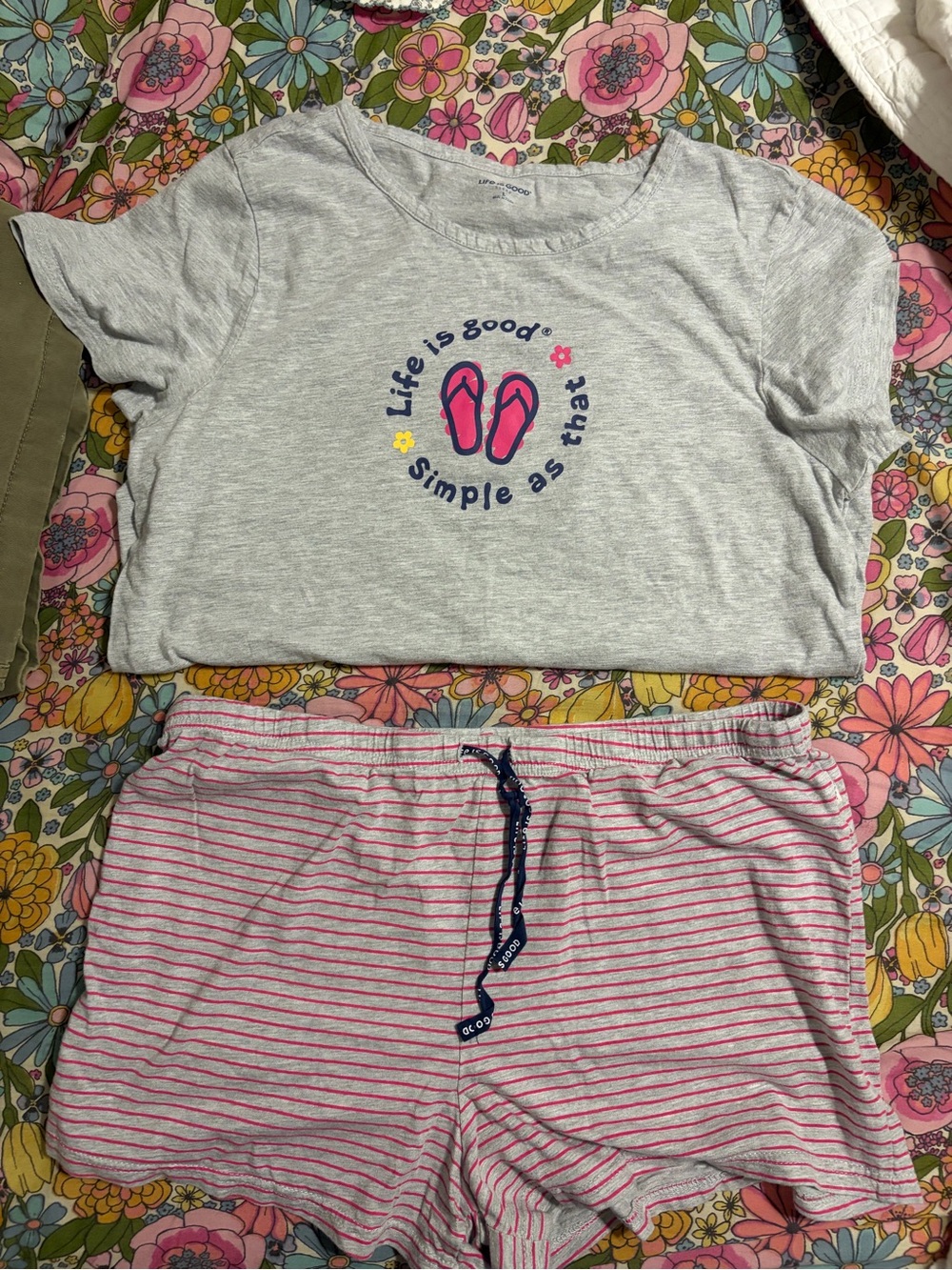 Life Is Good Light Gray Tee with Pink Flip-Flop Graphic & Pink-Striped Shorts